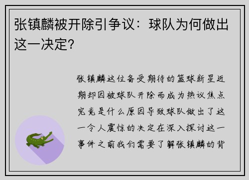 张镇麟被开除引争议：球队为何做出这一决定？
