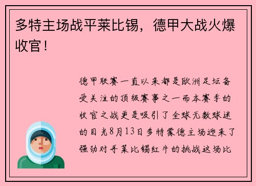 多特主场战平莱比锡，德甲大战火爆收官！